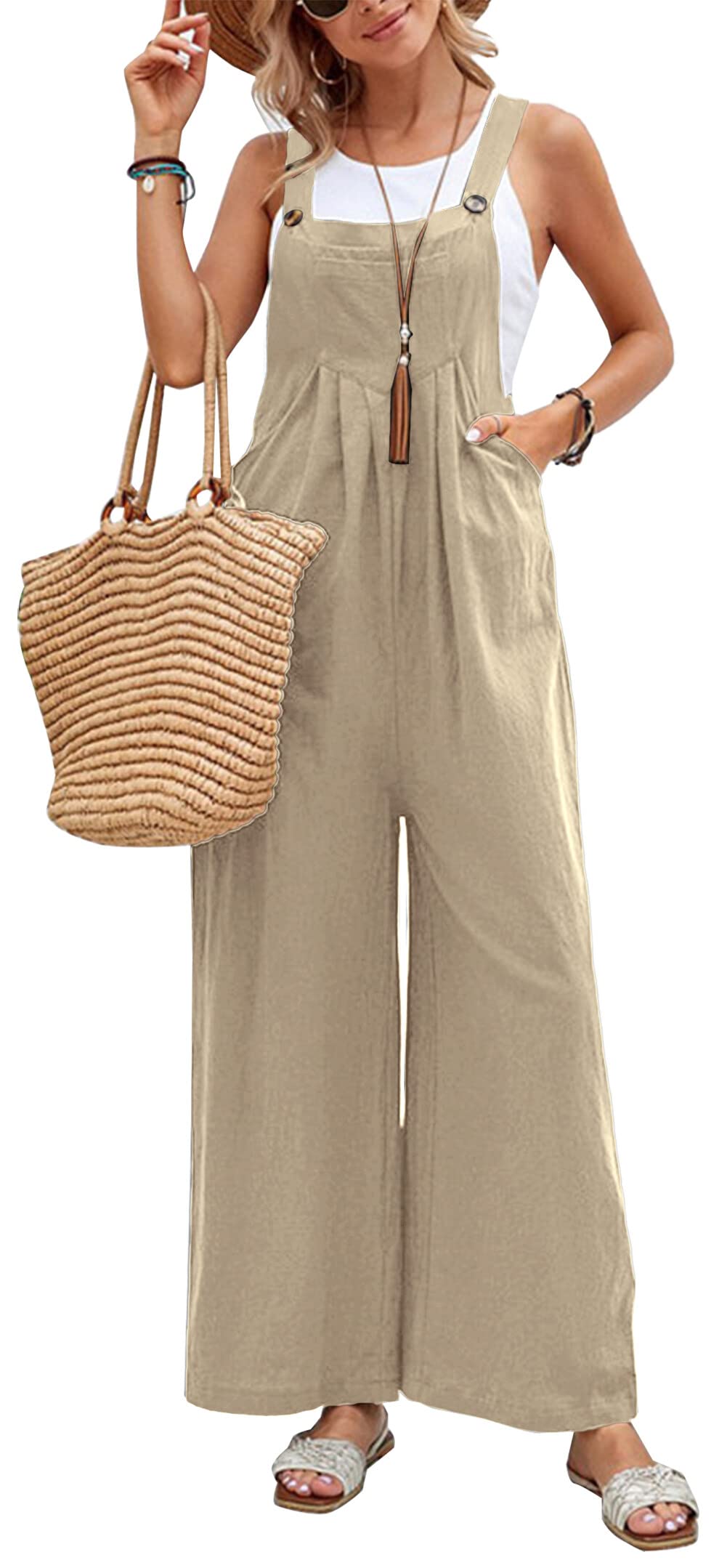 Women's Loose Fit Cotton Linen Overalls Sleeveless Baggy Wide Leg Rompers Jumpsuits Casual Long Pants with Pockets