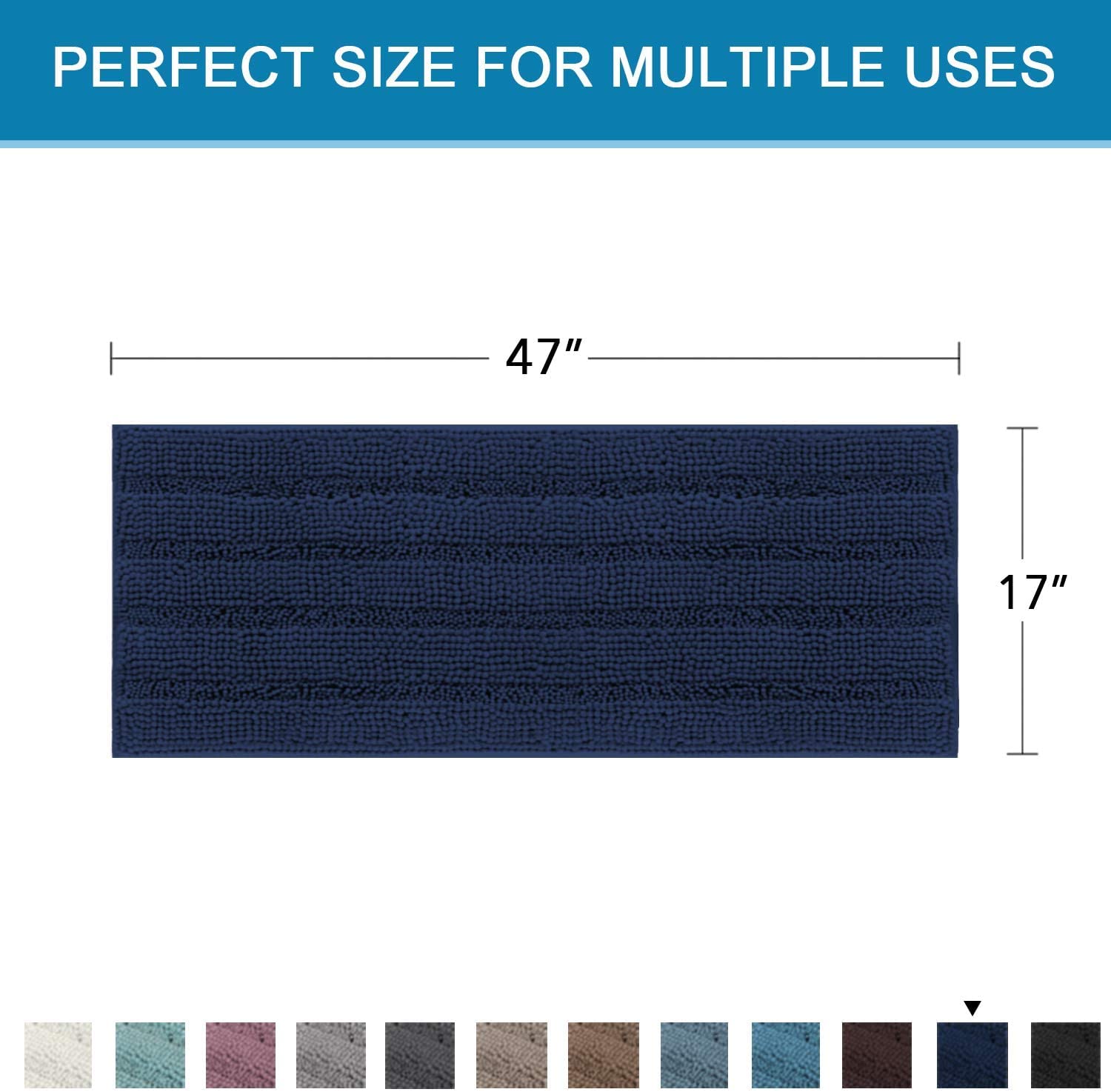 Tapis de bain antidérapant en chenille à poils longs doux pour chambre à coucher et salle de bain (bleu marine, 120 x 43 cm)