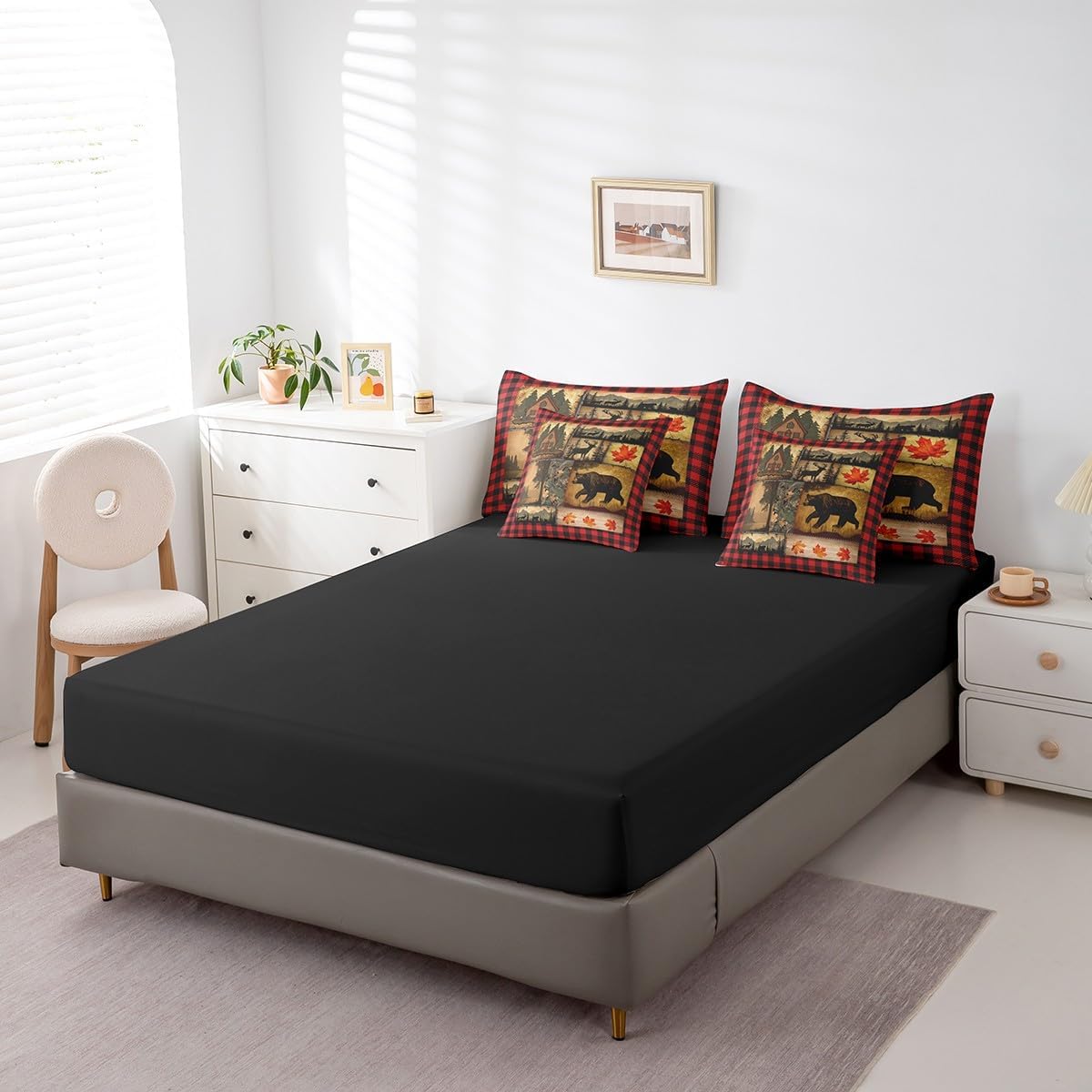 Erosebridal Rustic Farmhouse Comforter Set 7 Piece King,Retro Cabin Lodge Plaid Bedding Set,Western Christmas Wildlife Bed in a Bag,Country Fall Leaves Dead Branches Top Sheet,Woodland Rv Quilt