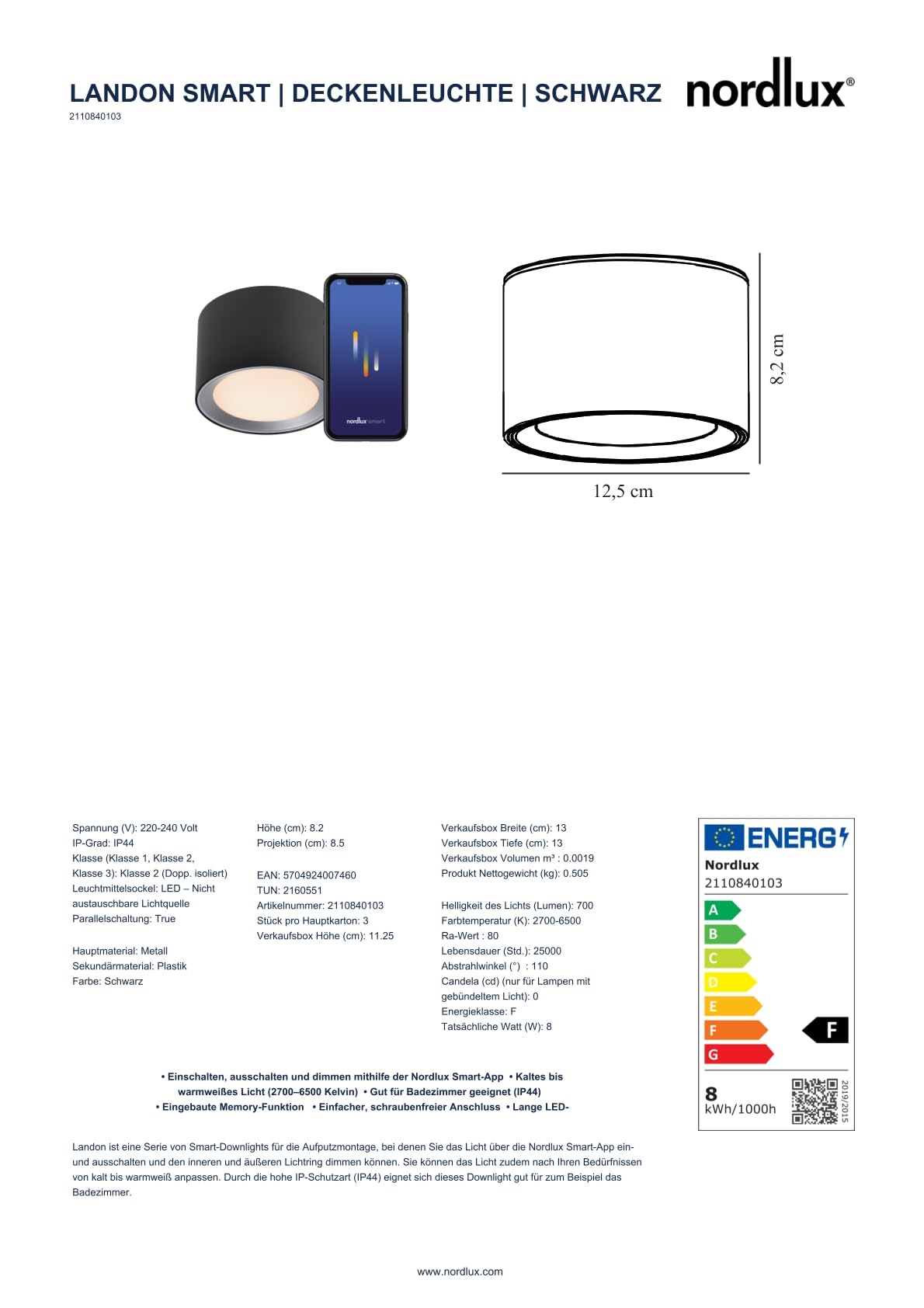 Nordlux Landon Smart Deckenleuchten 2er-Set Schwarz – IP44 App-Steuerung, Dimmbar & Tunable White (2700-6500K), Flaches Design für Bad, Küche & Flur – Jetzt Günstiger im Doppelpack!