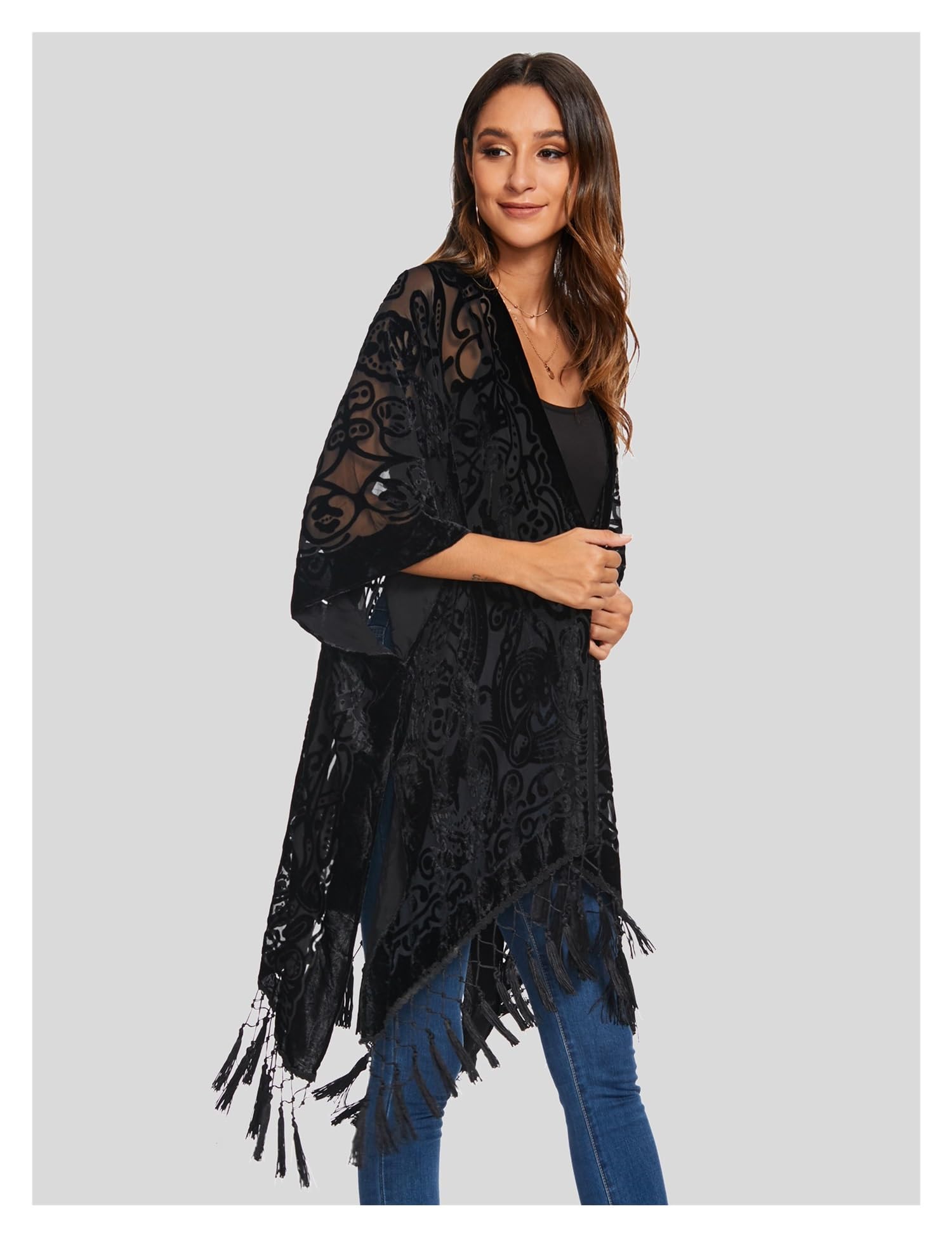 Kimono da donna in peluche bruciato, cardigan lungo con nappa, copertura da spiaggia, camicia casual scialle in chiffon