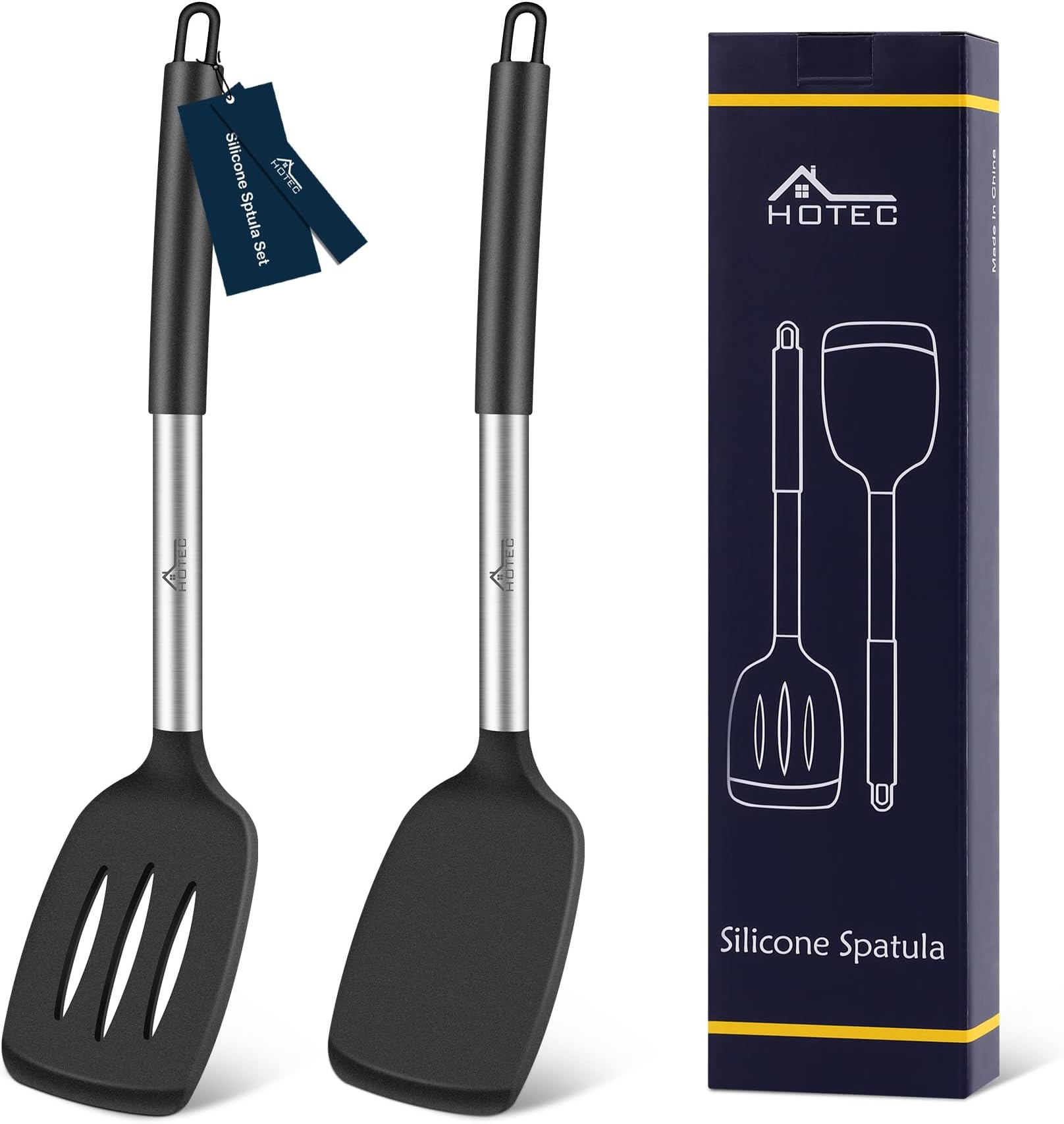 HOTEC Silicone Spatula Set - Heat Resistant Kitchen Turner Set of 2 with Stainless Steel Handle, Perforated & Solid Spatula for Non-Stick Cookware, 13.7 Inch, Black
