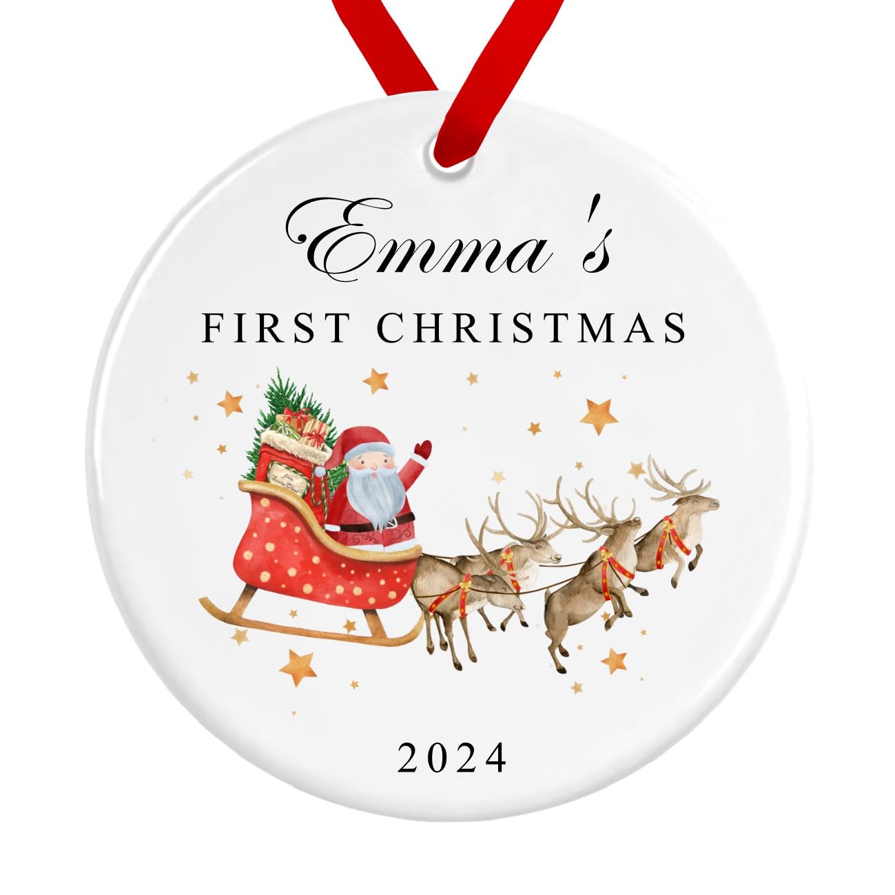 Baby First Christmas Bauble | Santa Sleigh Reindeers Ceramic Decoration | Personalised Baby's Name First Christmas Custom Ornament (Red Ribbon, Design 1)