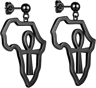 Africa Map Necklace/Stud Earrings/Rings Silver/18K Gold/Black Gun Plated Ankh Cross Pendant/Earrings/Ring African Style Jewelry for Men and Women