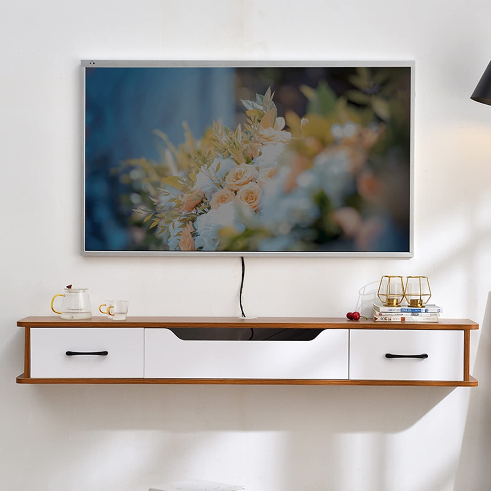 unità TV fissata al Muro 51.1" Supporto TV sospeso Mensola TV montata a Parete con 2 cassetti e 1 Anta, mensole portaoggetti per Console multimediale montate a Parete per Cavo Boxo Video, Non