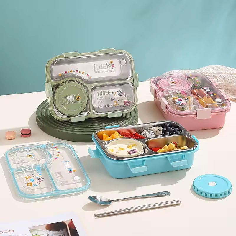 Image of Brand Conquer Lunch Box Leak-Proof BPA Free Stainless Steel for School, Lunch Box for School & Office with a Fork, a Spoon and a Pair of Chopsticks (Classic Blue, Happiness 3 Compartment Lunch Box)