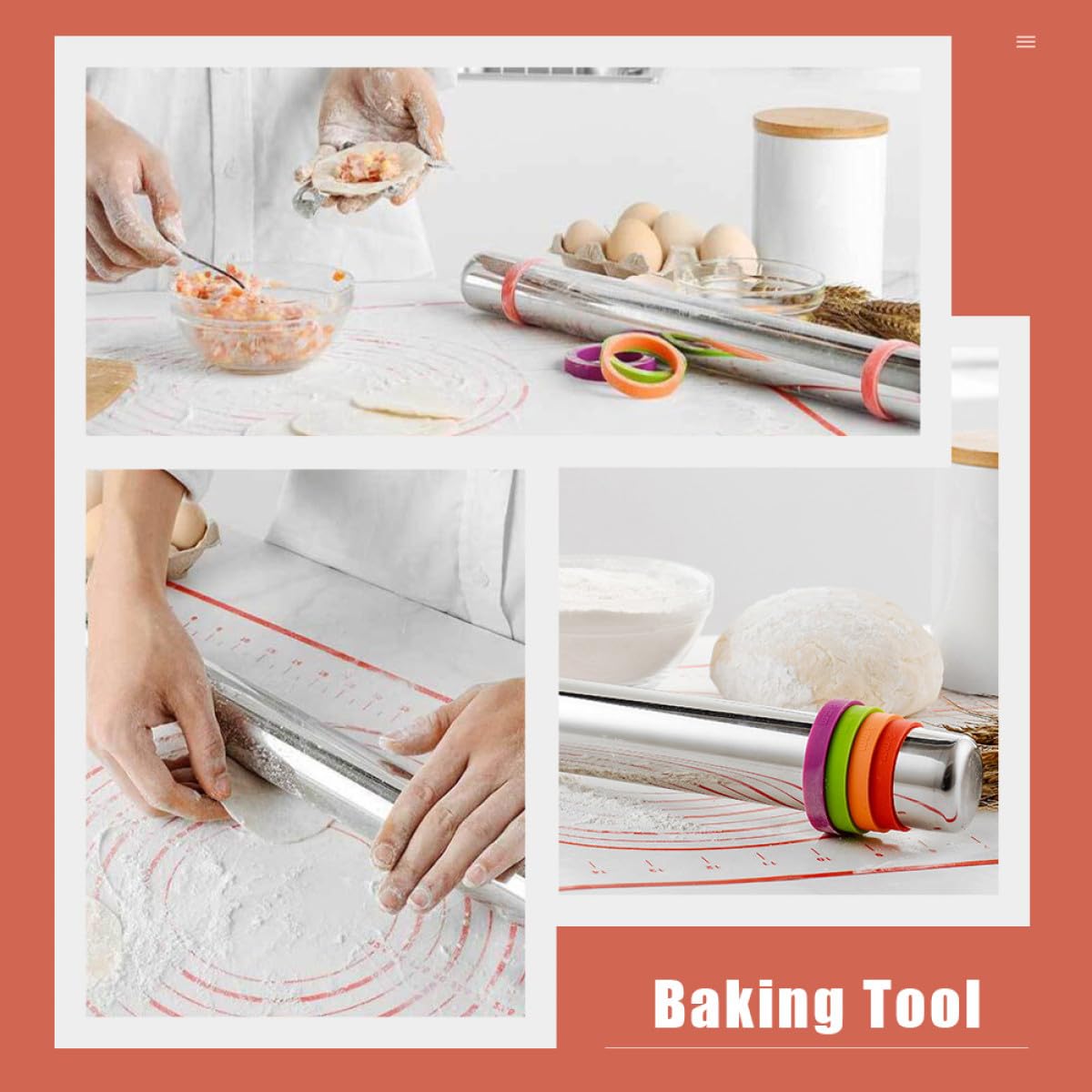 Rodillo antiadherente ajustable con anillos de silicona, rodillo ideal para hornear masa, pasteles, pizza, galletas, herramienta de cocina esencial para panaderos caseros