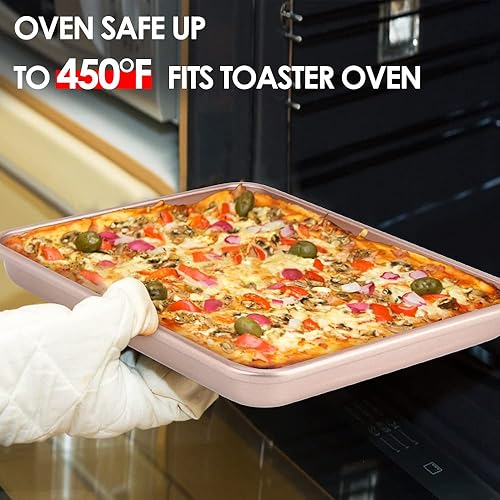 Miniatura 6 de Juego de 2 bandejas para hornear de 11 x 9 pulgadas, juego de 2 sartenes antiadherentes para horno, acero al carbono resistente, bandeja de repuesto