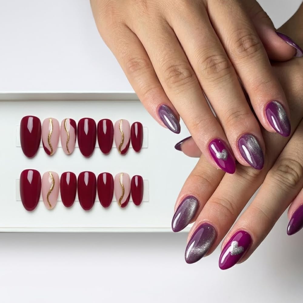 Combo Luxury Press On Nails Set for Women (12 Pcs Each) | Full Cover Artificial False Nails Kit with Glue | Glitter, Rhinestones & Nail Art Design | Reusable Stick-On Nails for Party, Wedding & Daily Wear (Red Nude & Purple Gradient)-image-49