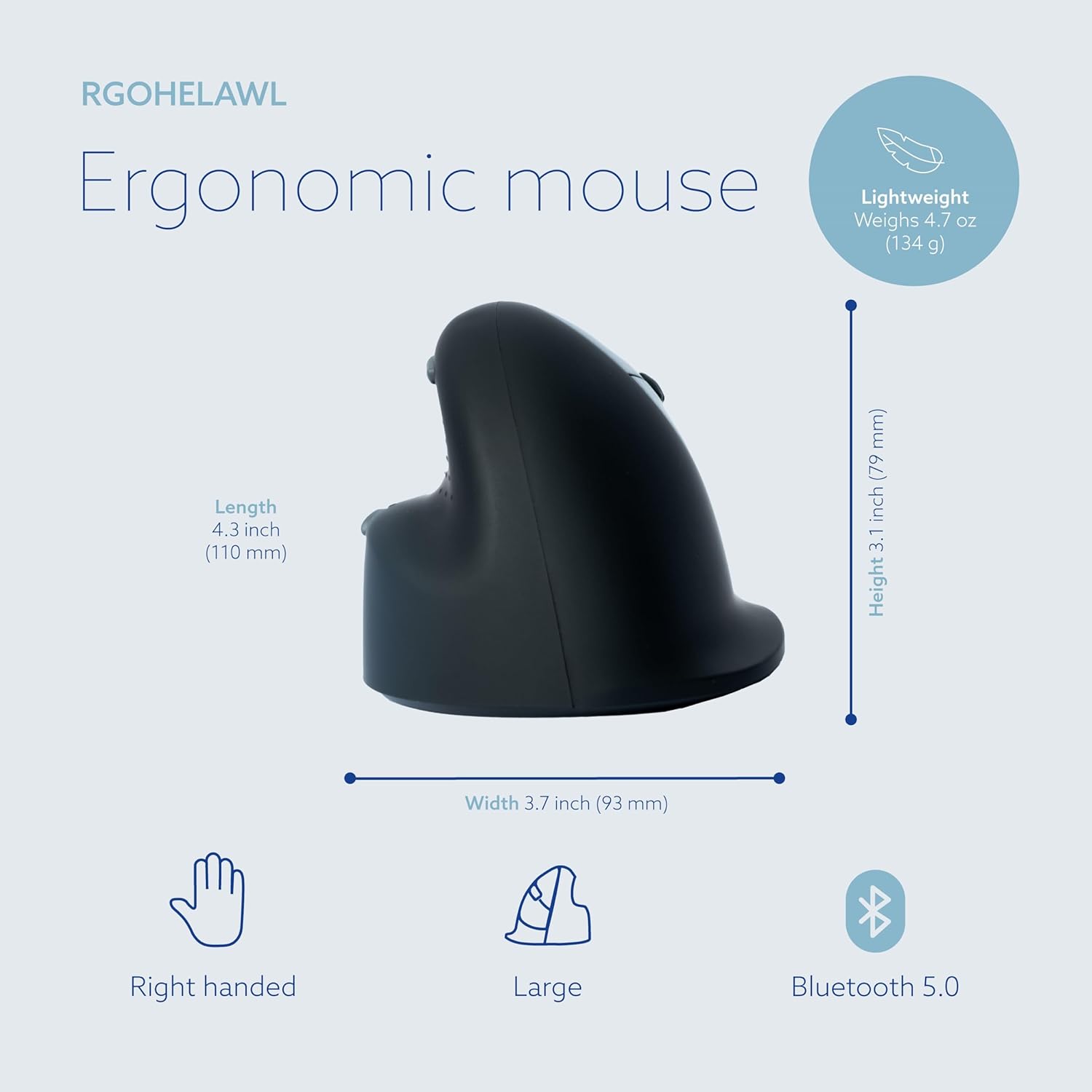 R-Go HE Vertical Ergonomic Mouse, Wireless Bluetooth 5.0, for Large Hand, with Break Software, Prevents Tennis Elbow/Mouse Arm RSI, Silent Click, 5 Buttons - Compatible Windows/MacOS, Black