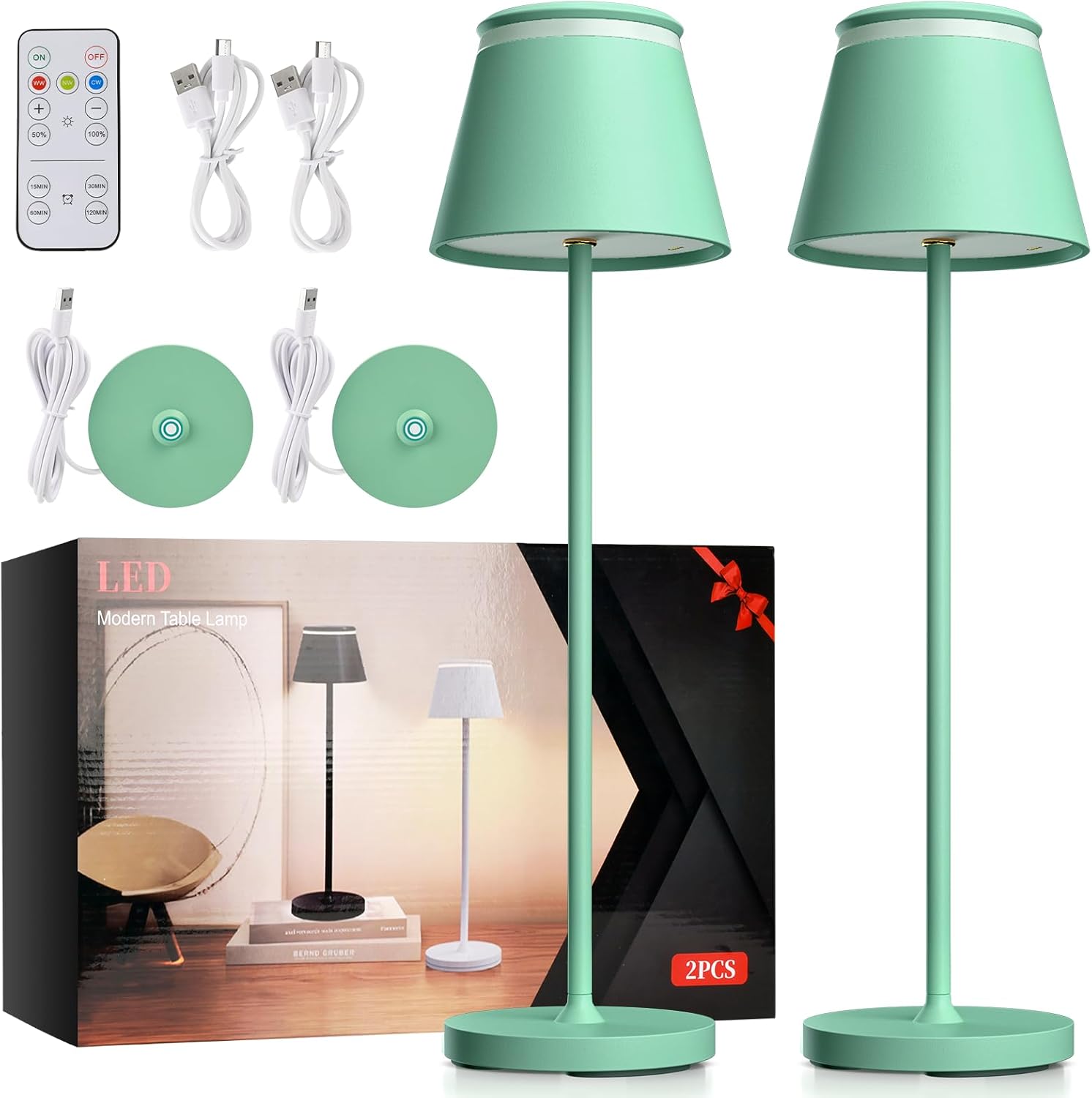 Cordless Table Lamp Set of 2 with Portable USB Rechargeable Dock, LED Wireless Touch Desk Lamps with Remote, 3 Color Stepless Dimmable, for Bedroom Night Lights Dining Outdoor Patio Restaurant