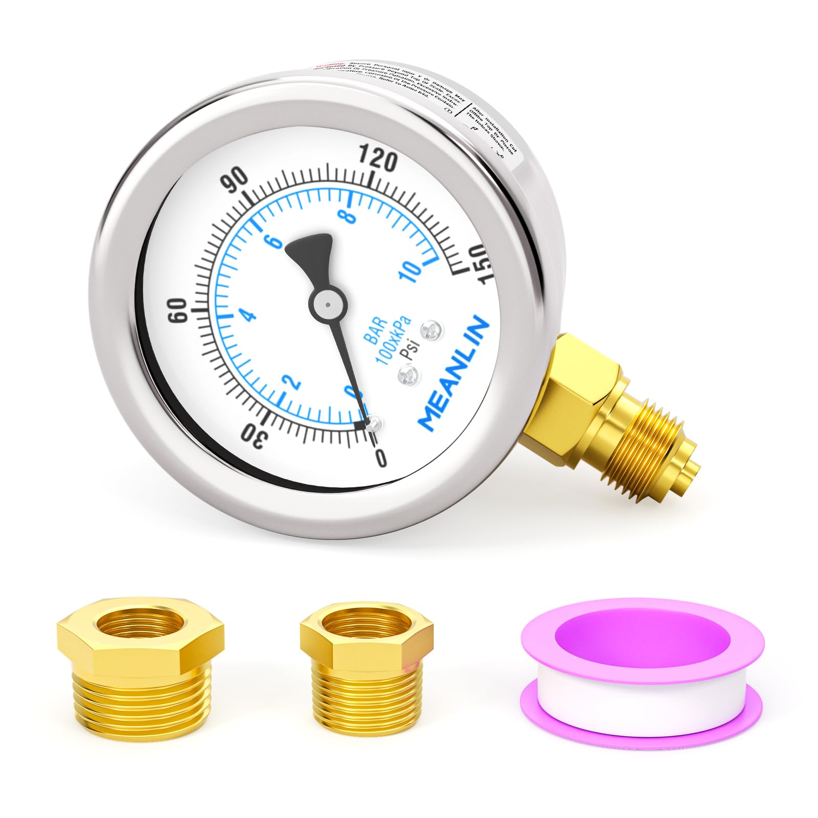 MEANLIN MEASURE 0~10BAR/0~150PSI Suchy manometr ze stali nierdzewnej 1/8" BSP 2" FACE DIAL wodoodporny do pompy studni, ciśnienie wody, dolny montaż, z gniazdem sześciokątnym 1/4" BSP i 3/8" BSP
