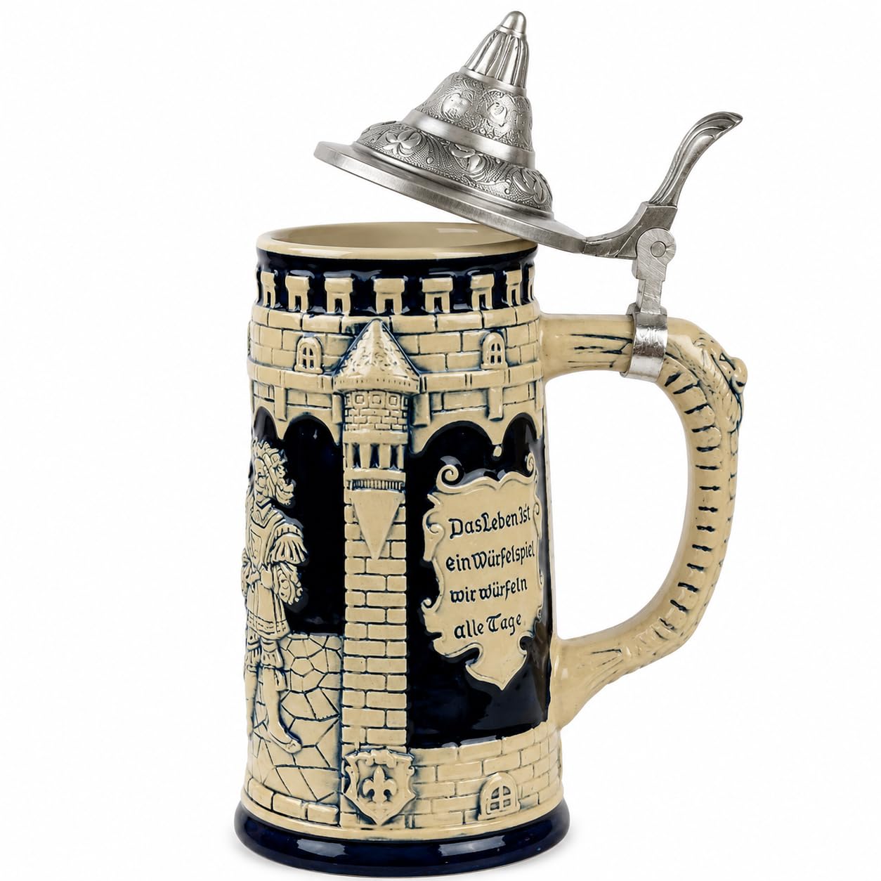 Bierkrug Deutsches Schloss mit festlicher Gravur, Kobaltblau, mit Metalldeckel