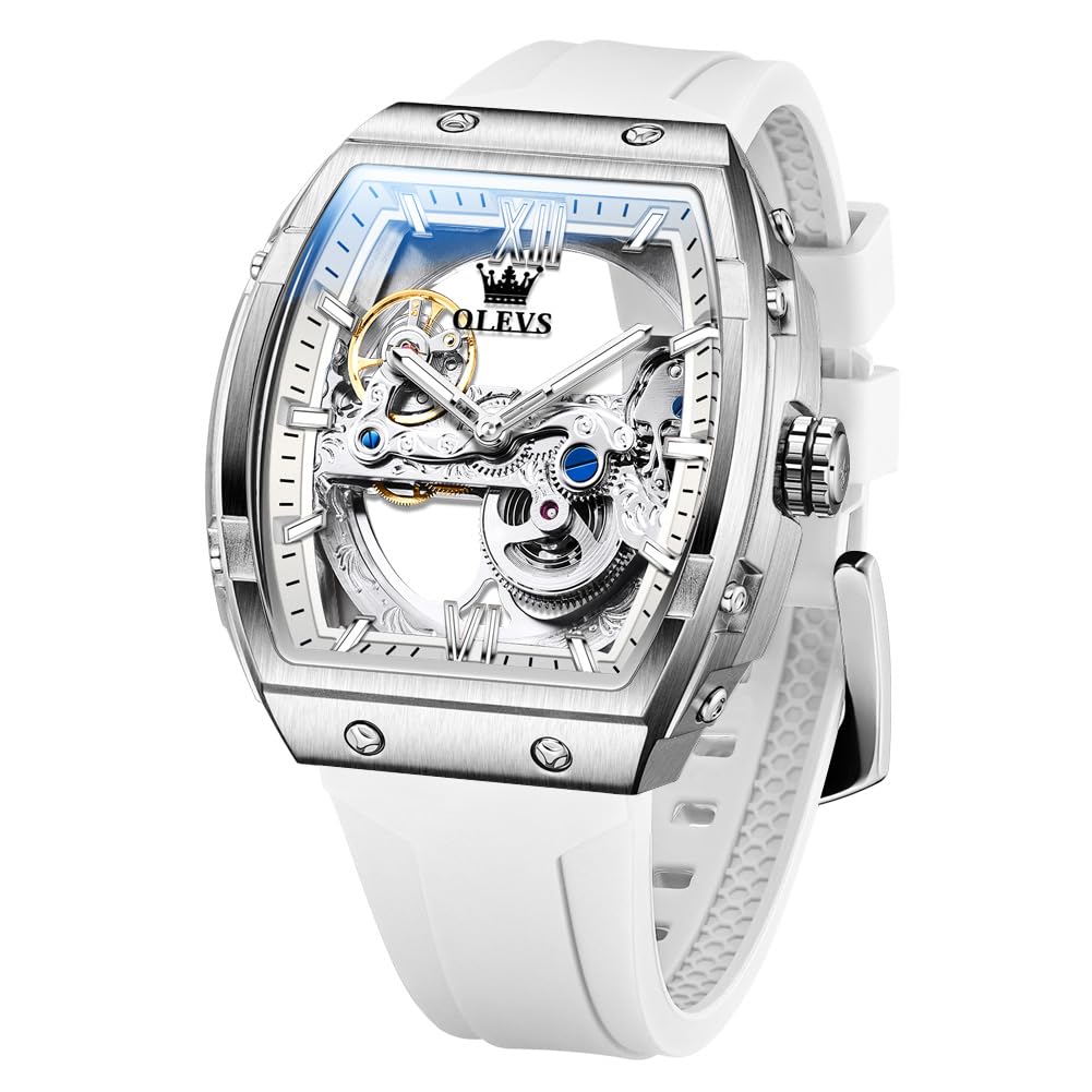 OLEVS Watch for Men Skeleton Automatic Tonneau Silicone Strap Business Luxury Waterproof Luminous Mechanical Men Wrist Watch
