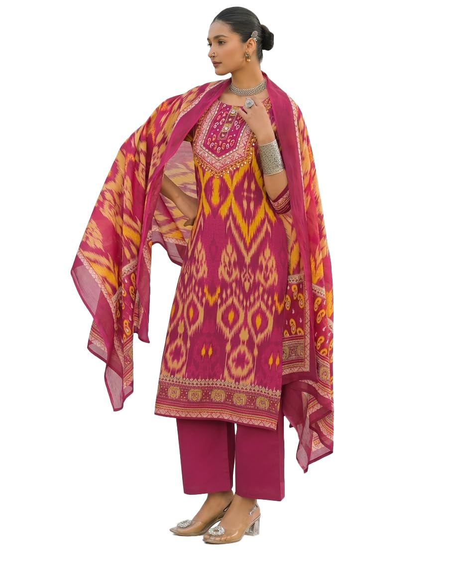 stylum Women's Ikat Printed Cotton Straight Kurta Pant Dupatta Set-picture-10