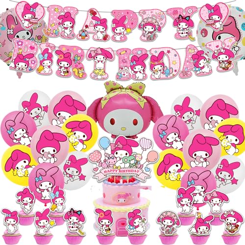 Melody Birthday Party Decorations Kawaii Cartoon Party Supplies with Banner Cupcake Cake Toppers and Foil Balloons Party Favors for Fans Birthday Background Decorations