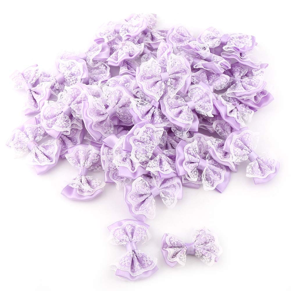 HEEPDD 50Pcs Purple Bow Appliques, Mini Satin Ribbon Bows for Clothes Skirts Headbands Socks Gift Wrapping Wedding Decoration, Lace Craft Bowknot for DIY Sewing Crafting and Festive Occasions