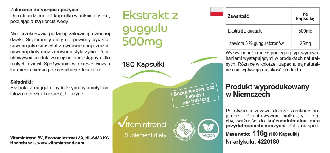 Vitamintrend Extrait de Guggul 500 mg, 180 gélules, 5% de guggulstérones, hautement dosé, végétalien sans stéarate de magnésium, fabriqué en Allemagne