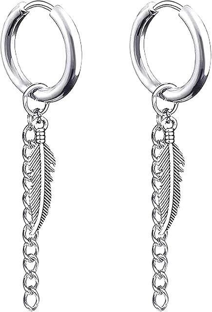 Zeayebsr Feather Punk Hoop Earrings Stainless Steel Leaf Huggie Stud Earrings Hinged Unisex Piercing Jewelry 1 PAIRLong Chain Dangle EarringsFeather Silver 1 Pair