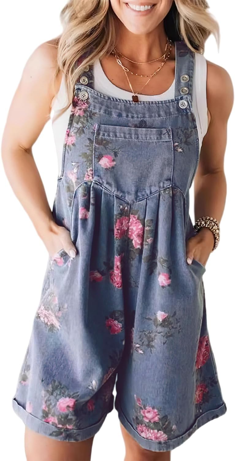 ebossy Women's Trendy Floral Print Denim Overalls Adjustable Straps Wide Leg Short Jean Bib Romper Jumpsuit
