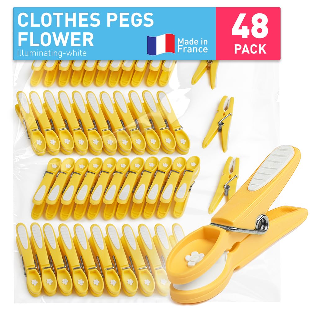 culiclean Clothes Pegs for Washing Line – Strong Soft Grip Washing Pegs Flower – Durable Plastic Laundry Pegs for Indoor, Outdoor Use – Heavy Duty Clothes Clips – 48 Pack – illuminating-white