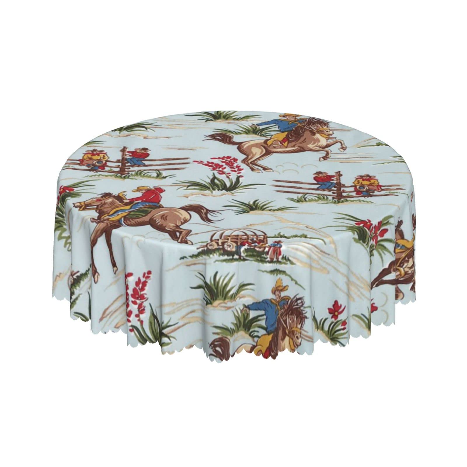 Lsjuee Vintage Western Cowboy Horse Round Tablecloth 60 Inch Printed Washable Tablecloth for Dining Party Holiday Fall Home Decorative