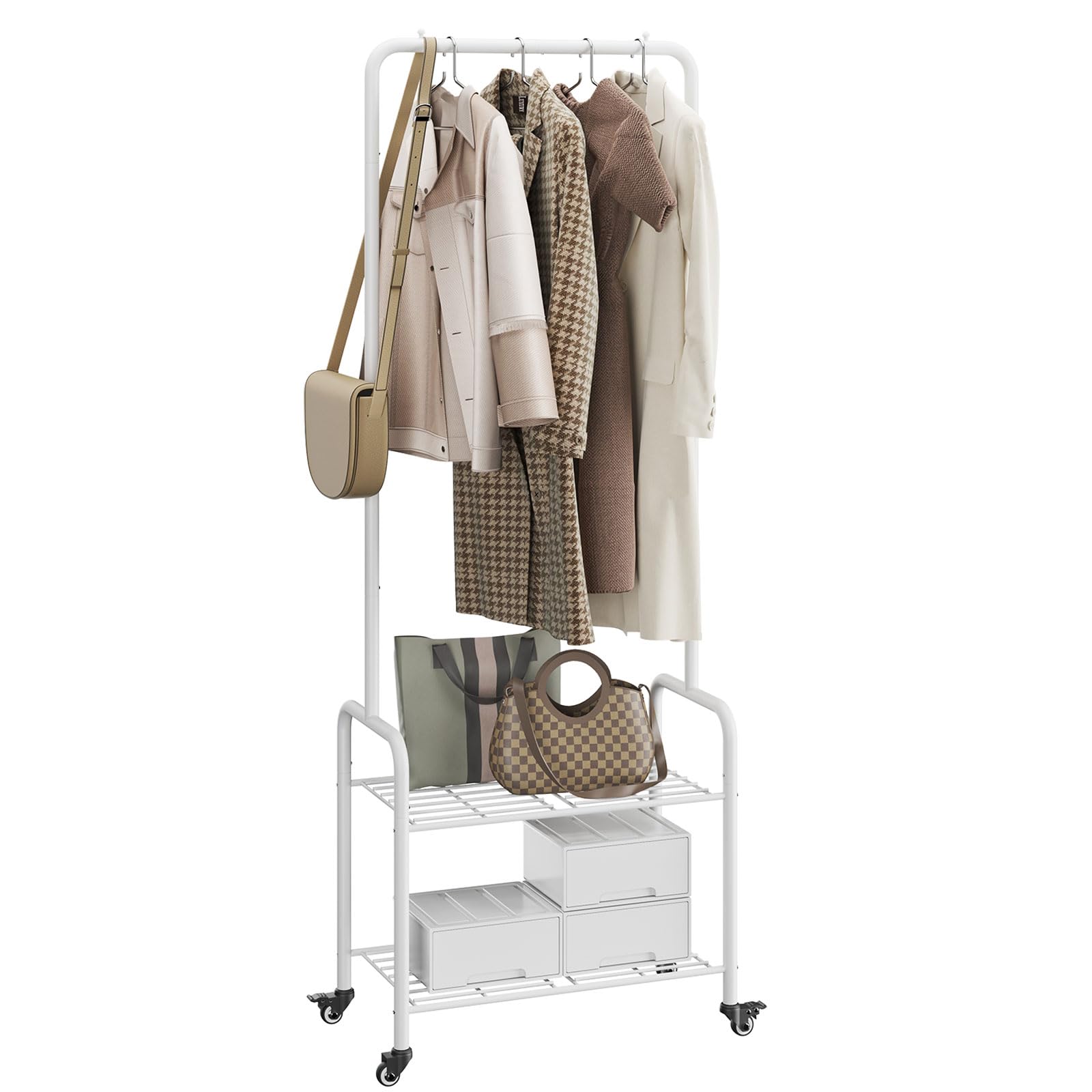 YMYNY Appendiabiti in Metallo Organizzatore per Abiti, Stendino Durevole Salvespazio di Grande Capacità, Appendiabiti da Terra di Stoccaggio per Camera da Letto Ingresso 61×32×176CM Bianco HGR002W