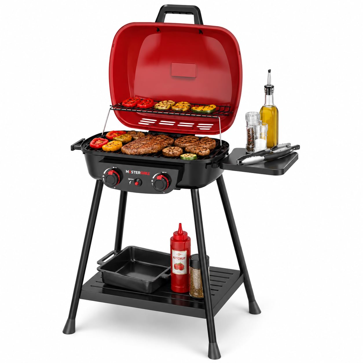 MasterCook - Barbecue a Gas 2 Bruciatori Rosso con Griglia in Ghisa e Scaldavivande, BBQ da Esterno con Accensione Piezoelettrica e Ruote, 76,8x51,9x90,4 cm