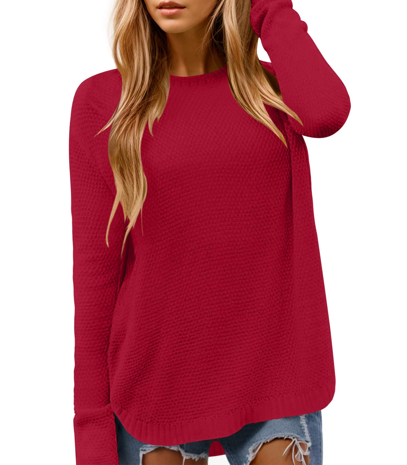 DB MOON Women Crewneck Long Sleeve Knitted Sweater 2025 Loose Fit Soft Solid Pullover