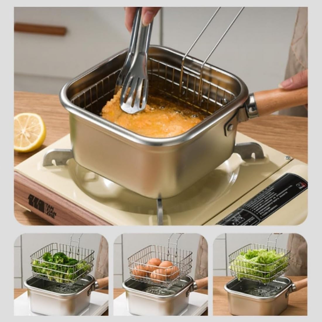 Juego de cocina multifunción – Freidora, olla de acero inoxidable con cesta, olla portátil de acero inoxidable para exteriores con cesta para freír