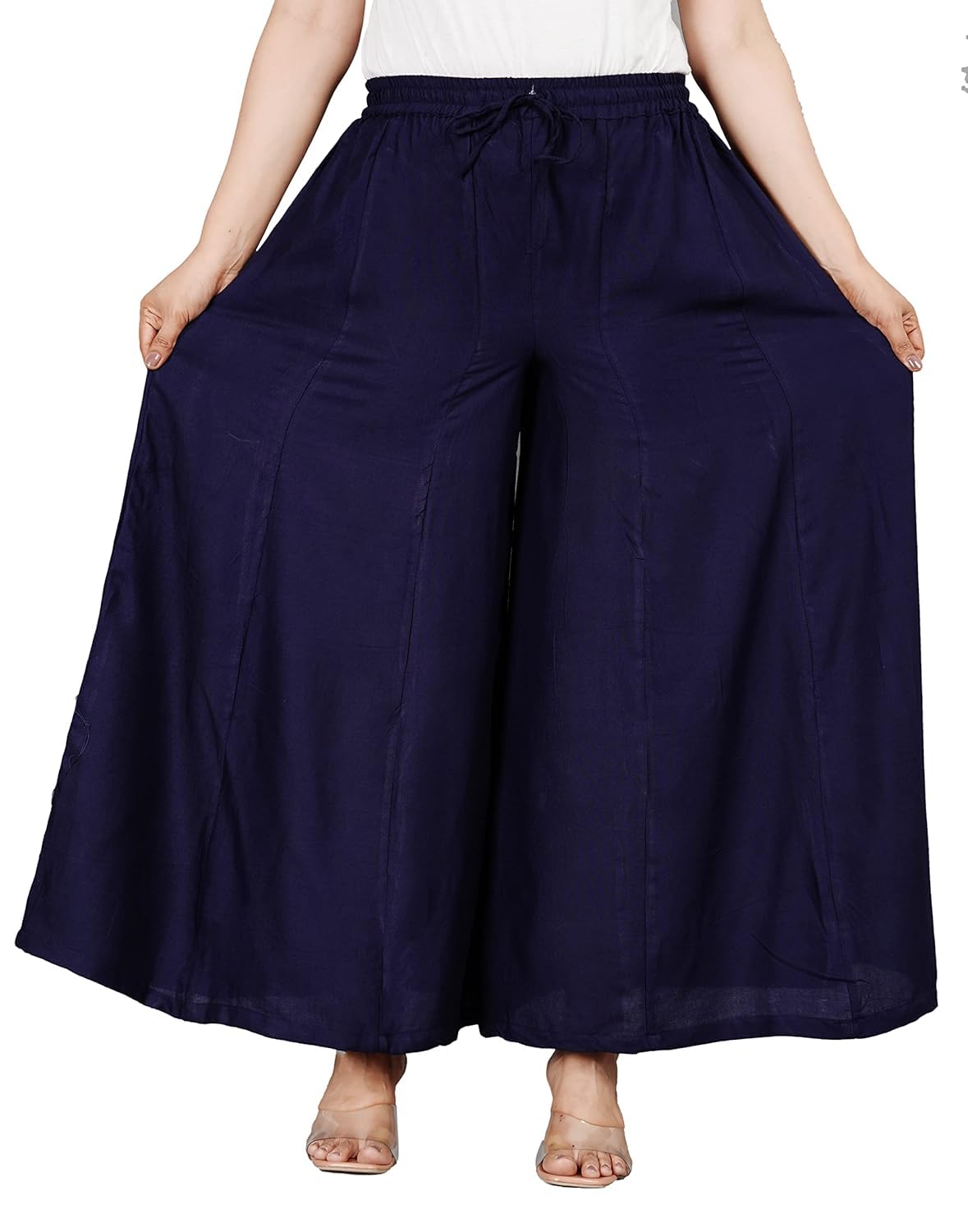 women's rayon loose fit flared wide leg palazzo pants soft plain/solid design with drawstring elastic navy blue