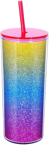 Rainbow Tumbler with Straw, Glitter Double Wall, 21oz - Pink