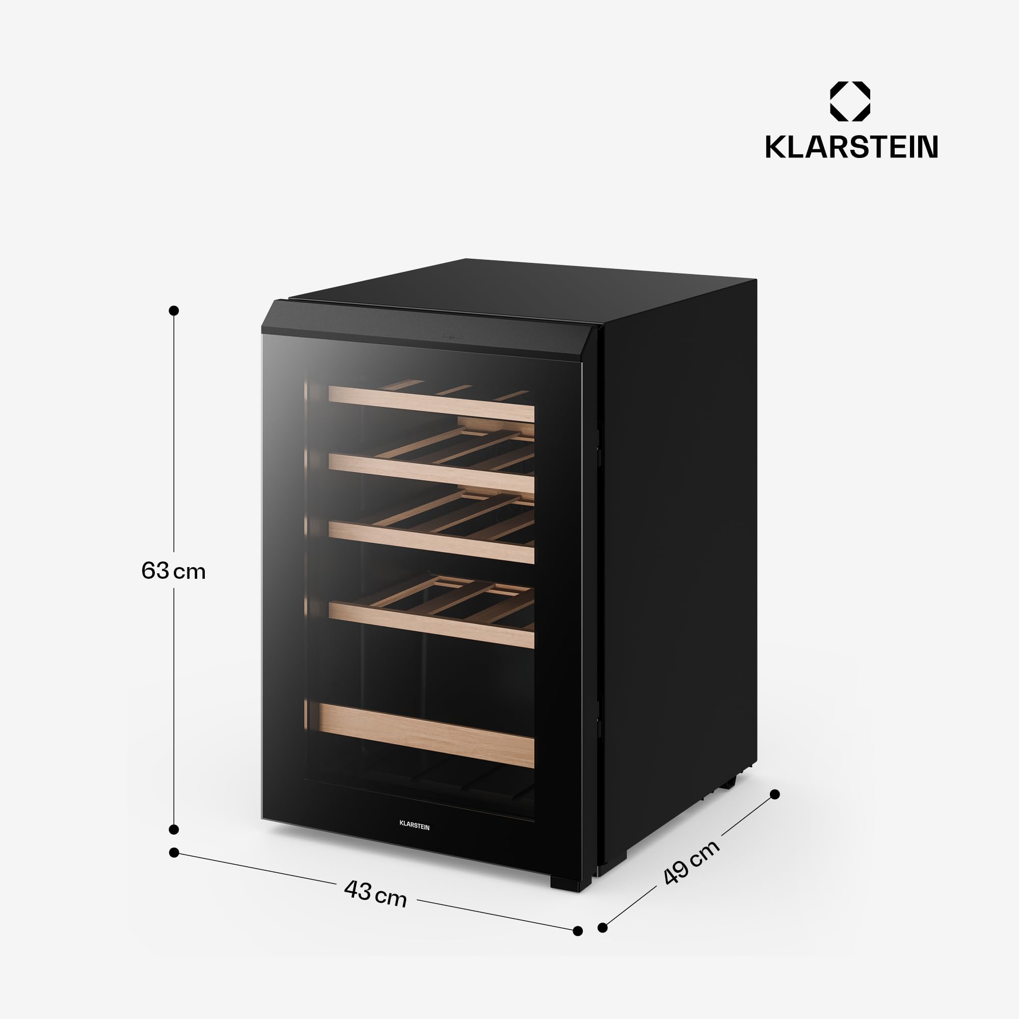 KLARSTEIN Bevora Réfrigérateur à vin 20 bouteilles – Cave à vin sur pied, commande tactile 4-18 °C, porte vitrée anti UV, éclairage LED, clayettes en bois