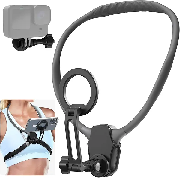 ITEFDTUTNE Magnetic Neck Phone Mount for Recording, POV Vlog Magnetic Neck Tripod with Anti-Vibration Chest Strap, POV Phone Holder, Phone Necklace Holder for iPhone 15 14 13 12 Series, Grey