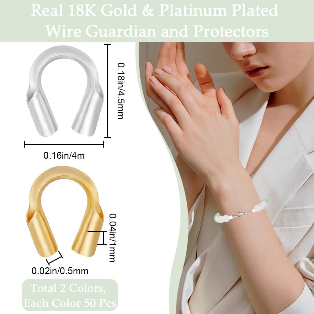 Beebeecraft 1 Box 100Pcs 2 Colors Jewellery Wire Guardians 18K Gold Plated & Platinum Plated U Shape Wire Guard Loops Thread Protector for Jewelry Making Bracelet Necklaces(Hole: 0.5~0.6mm) - Image 2