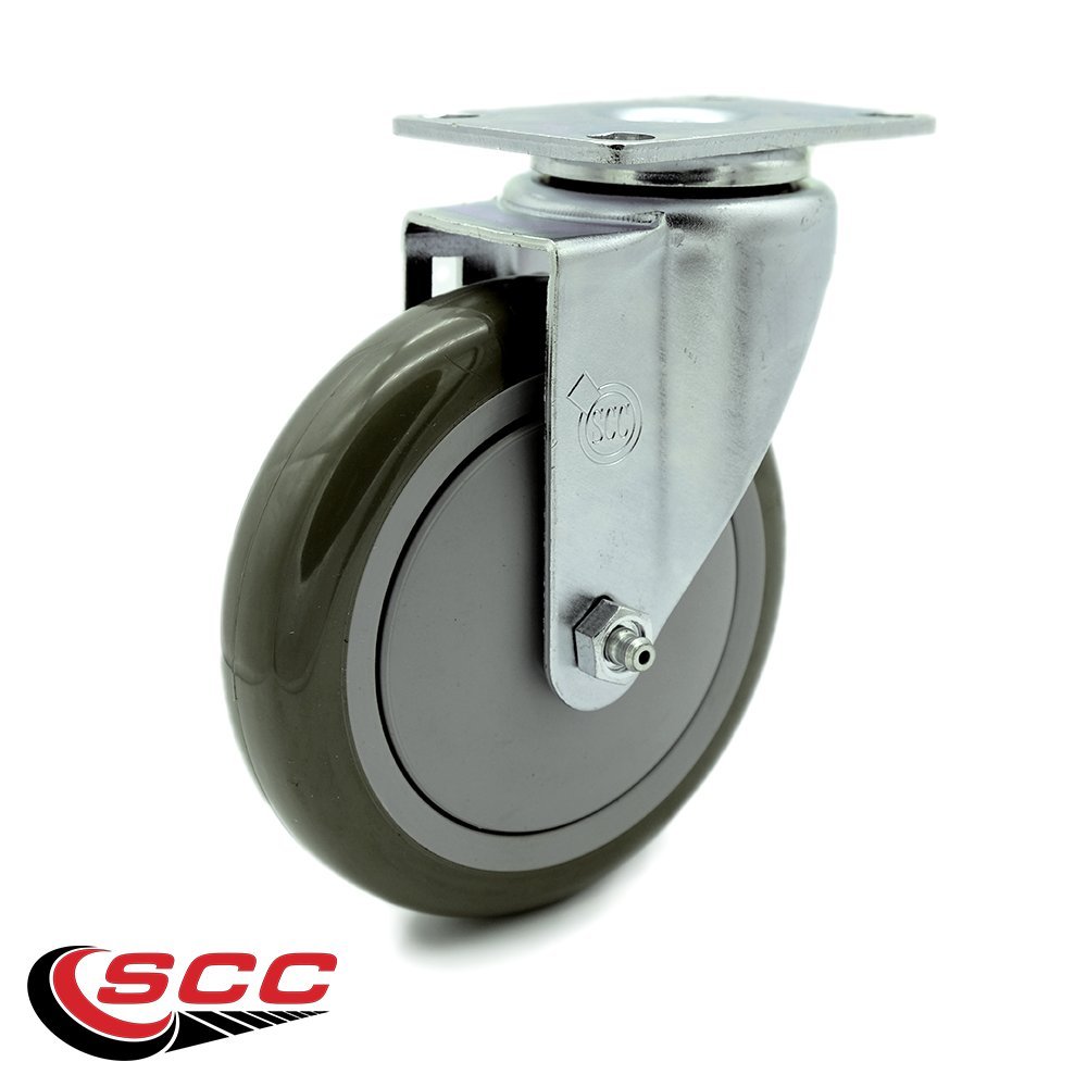 Swivel Caster with 5 Inch Gray Polyurethane Wheel – 350 lbs. Capacity Per Caster – 3-1/8 Inch x 4-1/8 Inch Overall Top Plate – Service Caster Brand