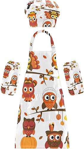 Juego de 3 delantales y sombrero de chef para niños, diseño de búho de otoño y Acción de Gracias, para niñas y niños