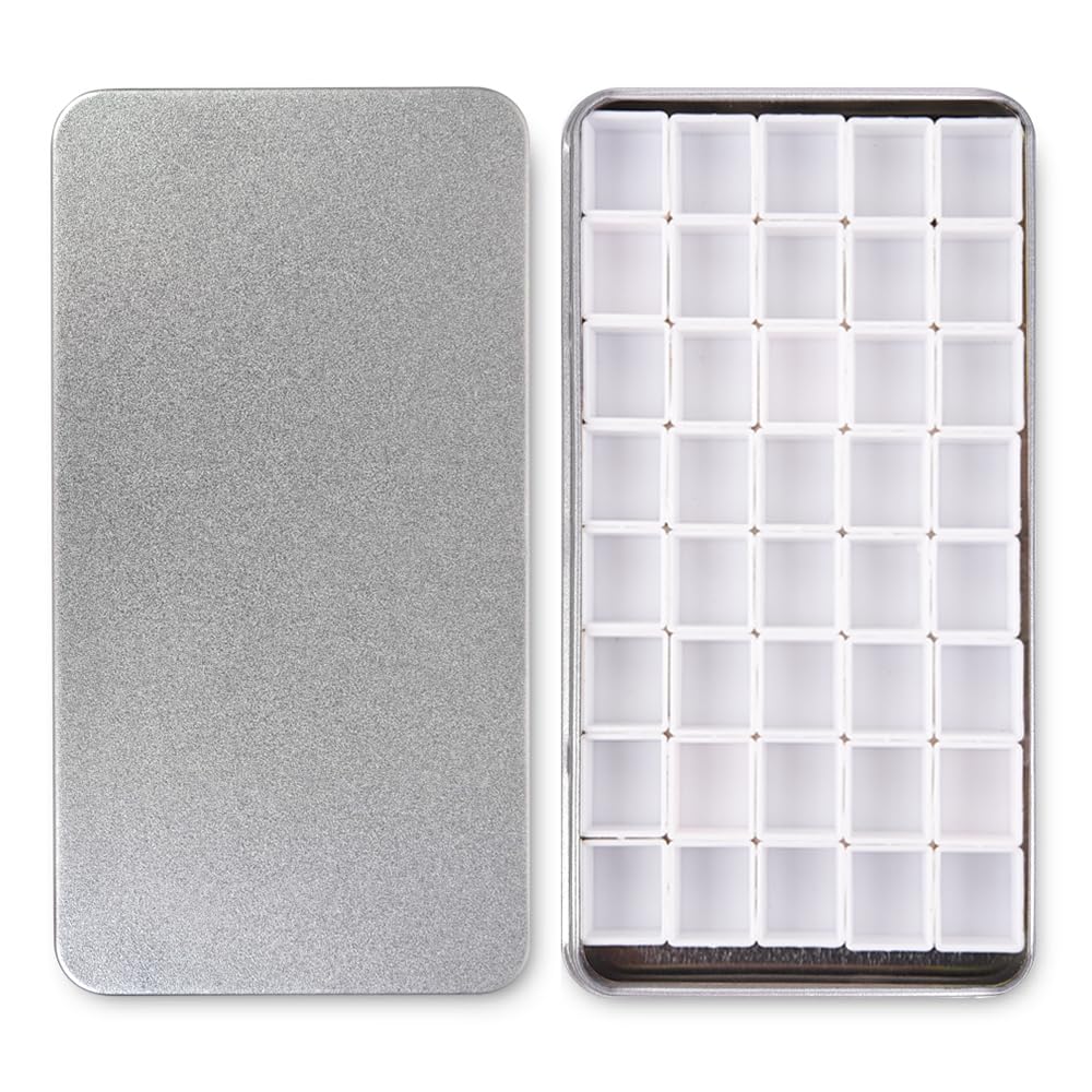 Paleta de pintura de latas de acuarela portátil con 40 medias sartenes vacías y cuadrados magnéticos, pequeña caja de pintura metálica de viaje con pintura acrílica, dibujo artístico, color plateado