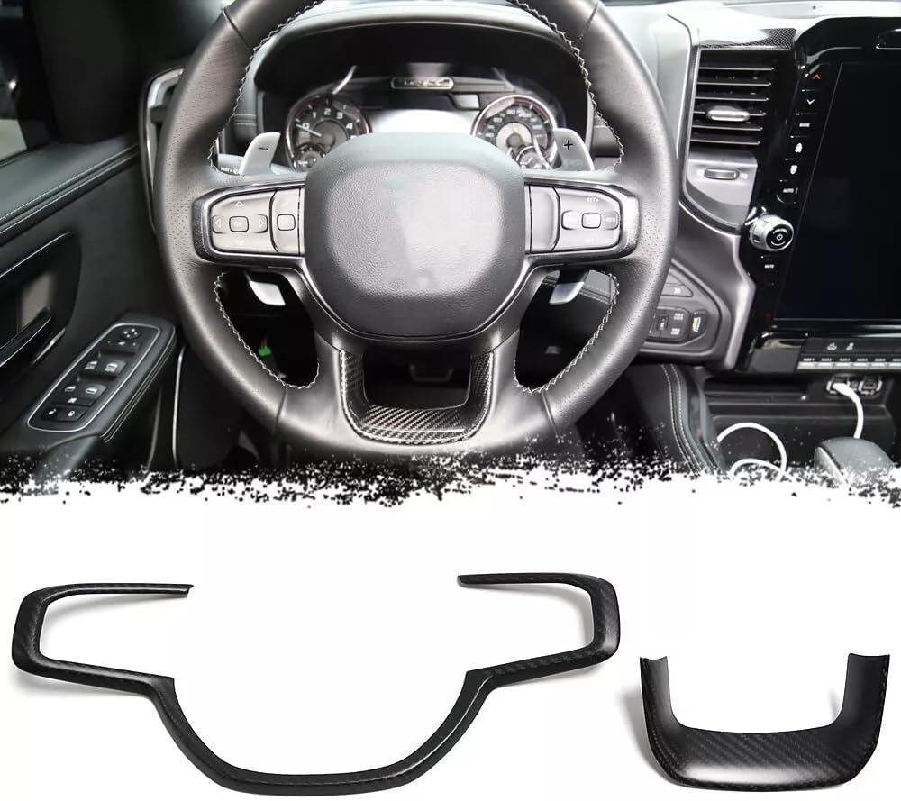 Jogon Carbon Fiber Steering Wheel Trim Frame for Dodge Ram 1500 TRX 2019 2020 2021 2022 2023 2024 Steering Wheel Button Frame Cover Molding Sticker (Steering Wheel Frame+U Bezel, Glossy CF)