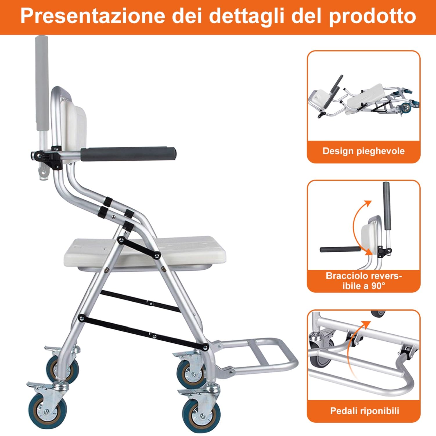 Sedia Doccia Anziani con Ruote Pieghevole, Carico 120 kg | Sedia da Doccia per Disabili con Ruote, Sedia da Bagno per Disabili Installazione Senza Attrezzi