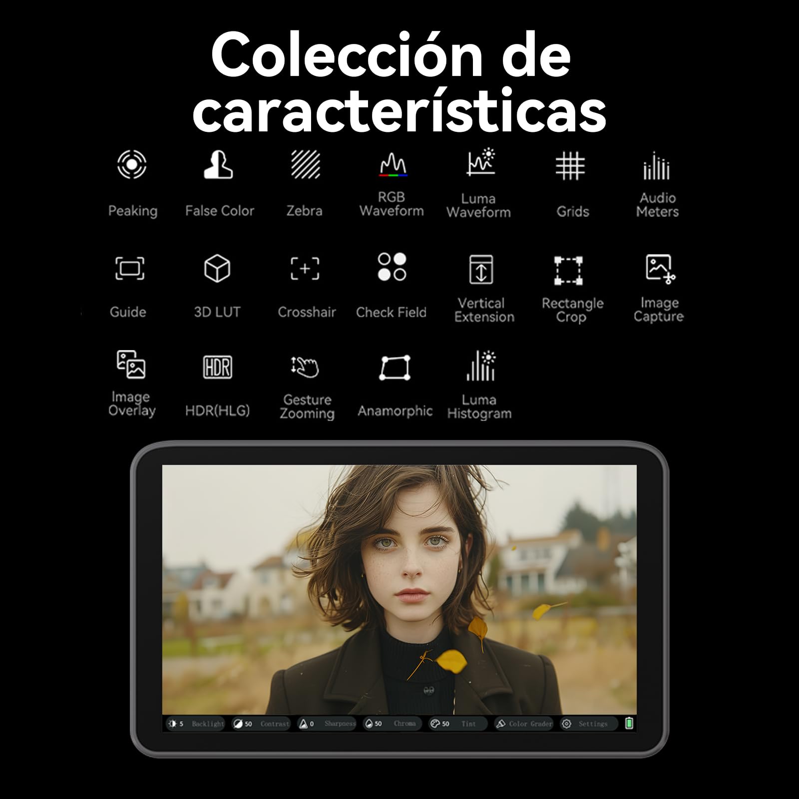Portkeys LH7C Monitor Cámara 7" con Control de Cámara, Monitor de Campo HDMI 4K Touch Focus 1000 Nits Salida 3D LUT Incluye Cable HDMI, Compatible con A7S III, FX3, A7 IV, A1