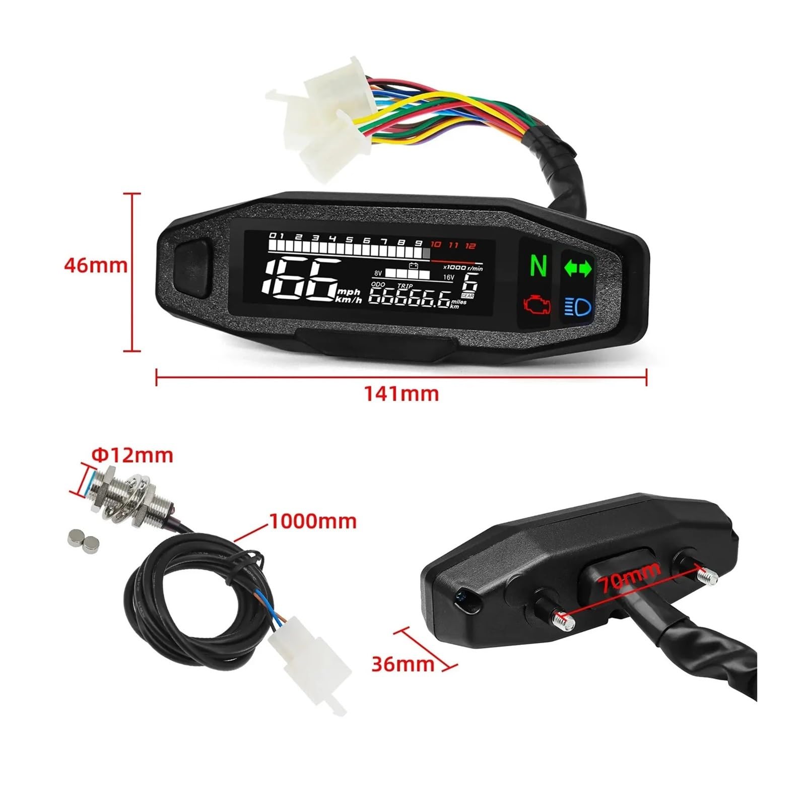AD Universal Motocicleta Velocímetro Medidor De Velocidad Digital LED Tacómetro Tablero Instrumento Panel Medidor Pantalla LCD Y Soporte(MT0069-M040-6)