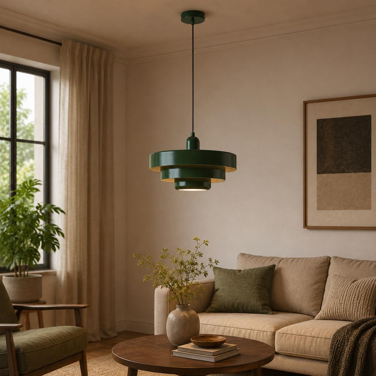 Alpinaluz Lampa Wisząca E27 Metal Ciemnozielony 3 Warstwy Mid Century Ø35cm
