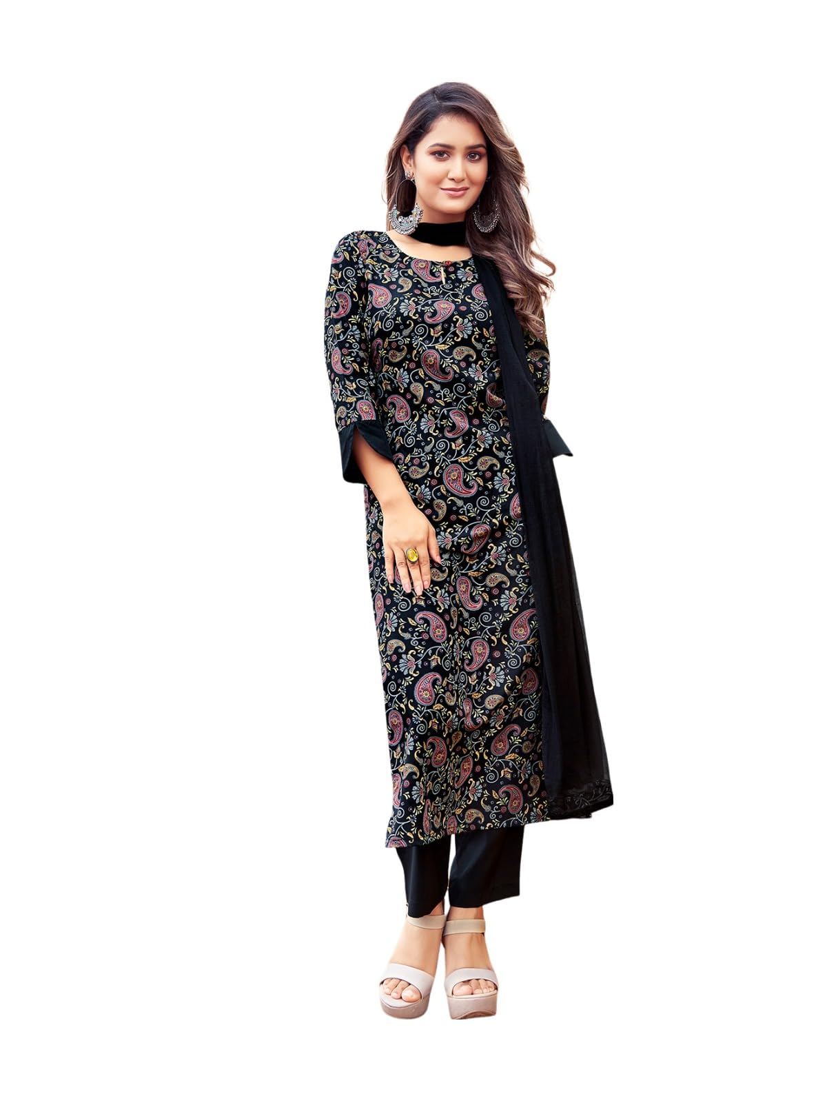 Sanisa Women's Crepe Printed Straight Kurta With Pant And Fabric Lace Work Dupatta (100Kbd1095Nz-S_Black & Multi)