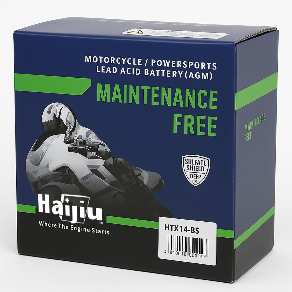 Haijiu HTX14-BS Batería de Arranque AGM para Moto y Scooter | 12V, 12 Ah, 200 CCA | Sin Mantenimiento, Antivibración