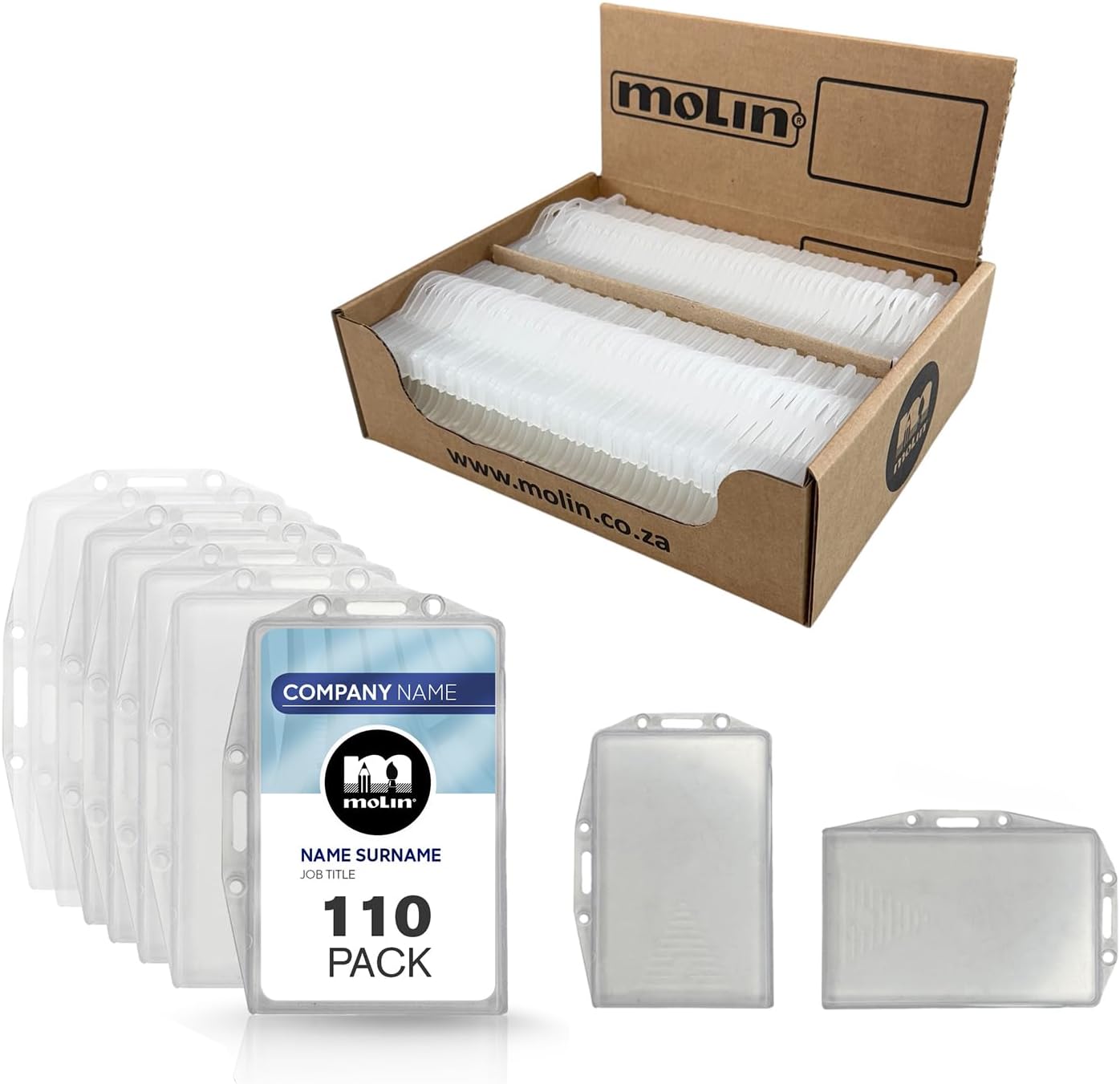 110 Pack - Molin Card Pod ID Badge Holder | Vertical and Horizontal Card Holder for Lanyard, Name Badge, Keycard, Access Card | Durable Clear ID Sleeve for Work, Office, Events & Identification