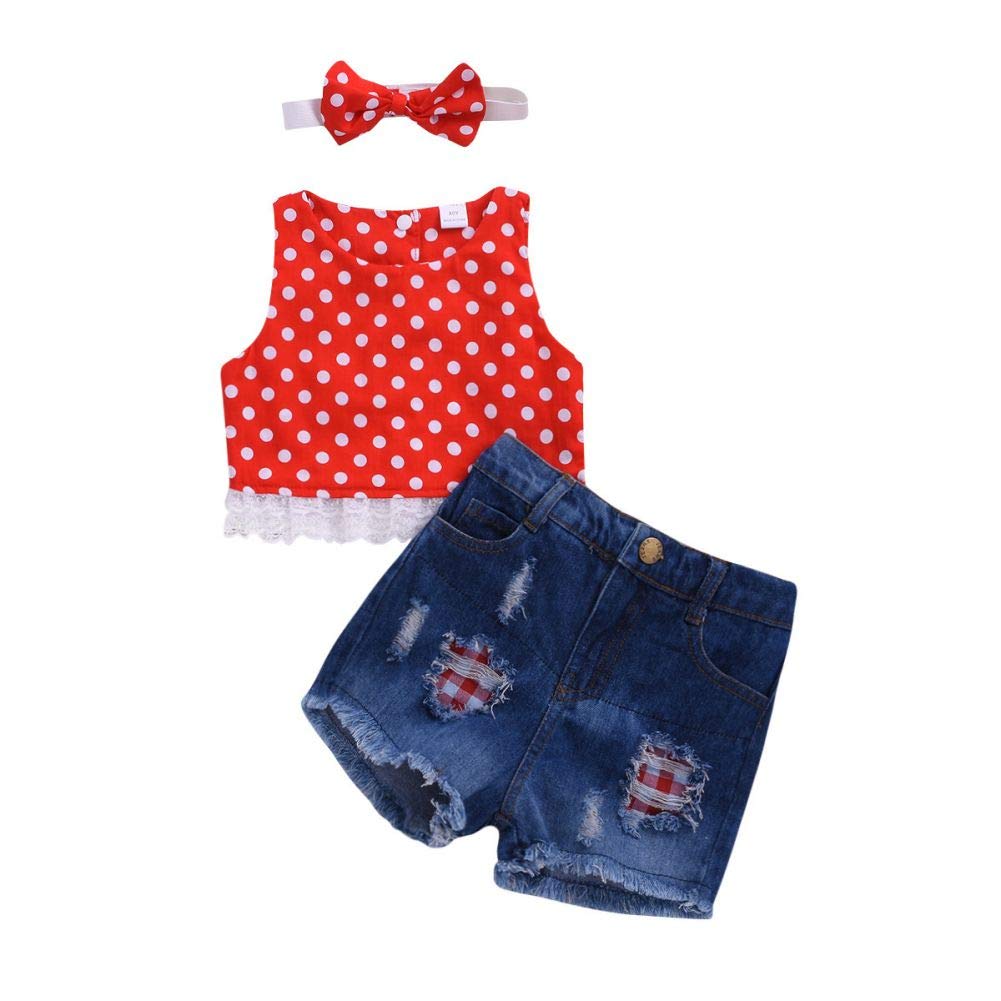 Girls Summer Clothing Set 0-4 Years Baby Red Vest Polka Dot Lace Sleeveless T-Shirt Tops + Jeans Shorts Pants + Headband 3Pcs Casual Outfits