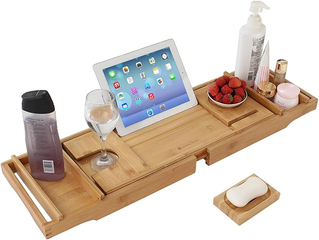 ANJI DEPOT Retractable Bamboo Bath Tray, Expandable Bathtub Tray Can Hold Yowels, Wine-glasses, Books, Mobile-phones, Tablets, etcNatural color