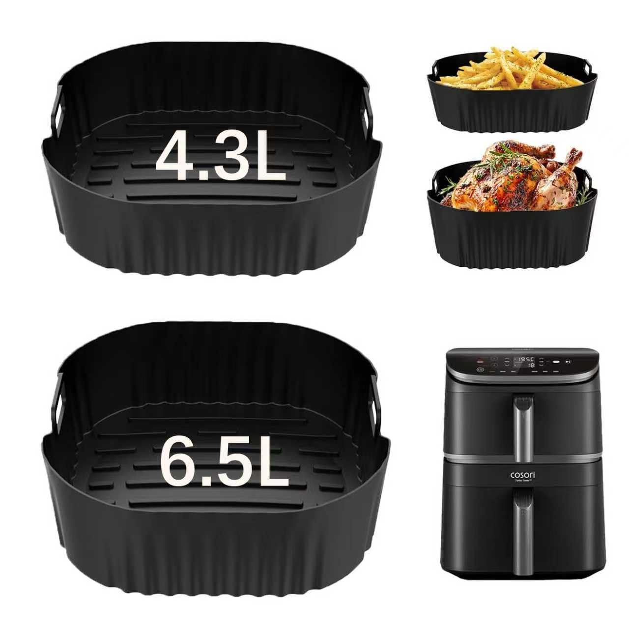 2 Piezas Molde Silicona Freidora de Aire para COSORI Turbo Tower Pro 10.8L Freidora de Aire Double Stack/CAF-DC112-ADE (6.5L y 4.3L) Olla interior reutilizable de silicona para freidoras sin aceite