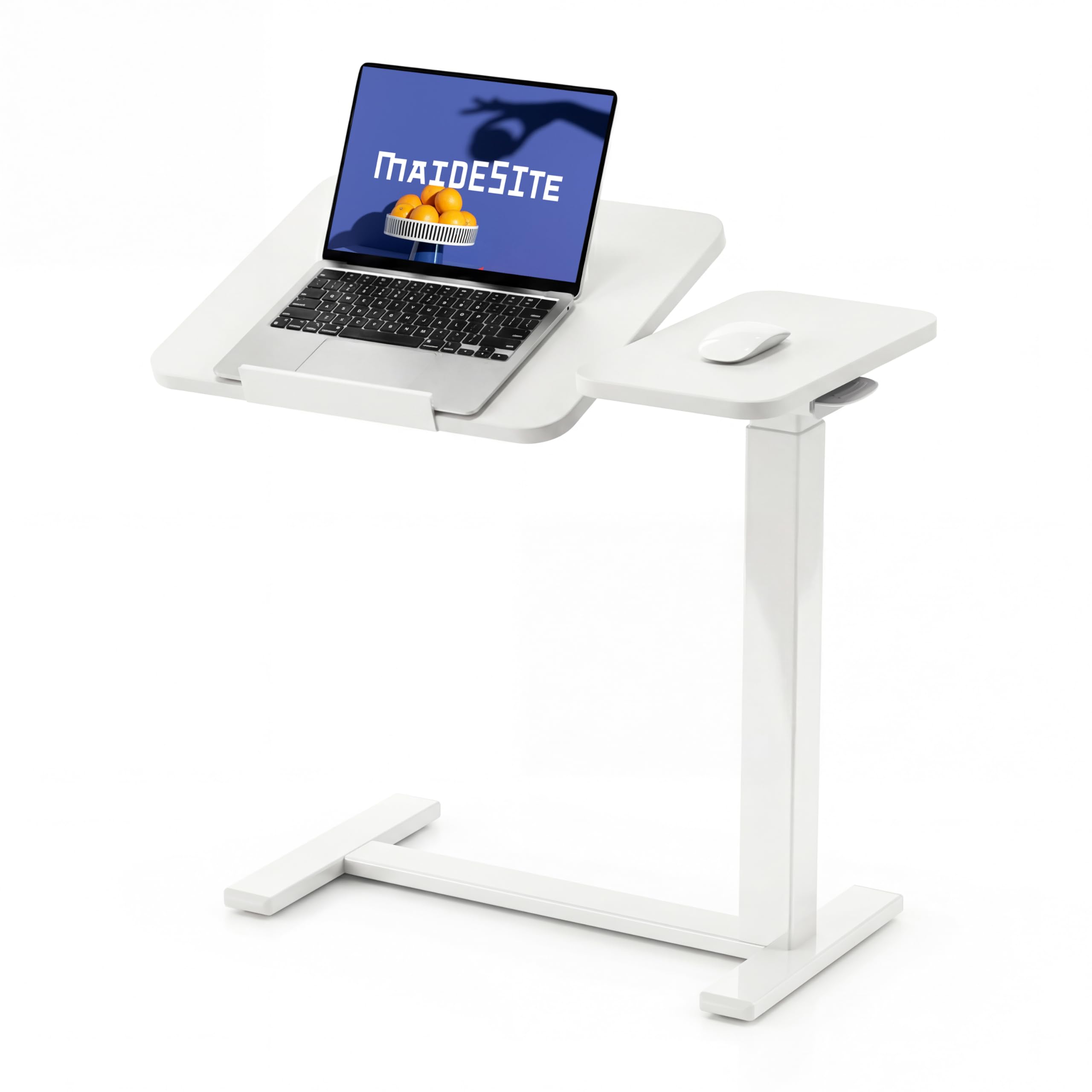 MAIDeSITe Table d’appoint en Forme C avec roulettes, Table réglable en Hauteur avec Plateau inclinable Double et butée, idéale pour Soins, Lecture et télétravail（Blanc）